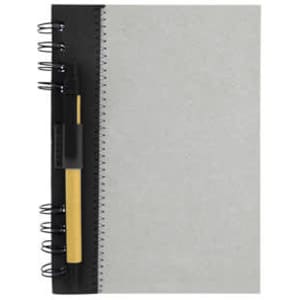 A grey recycled journal book with a black spiral binding and a yellow pen attached.