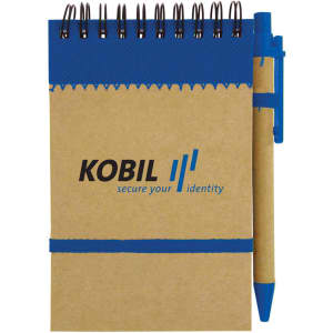 A recycled jotter pad with a blue pen, featuring a brown cover and a logo on the front.