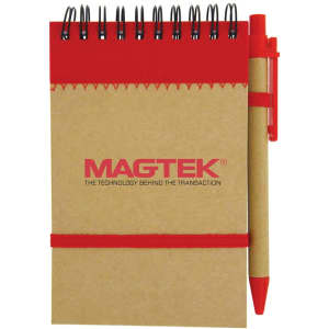 A brown recycled jotter pad with a red spiral binding and a matching red pen attached. Features a logo on the cover.