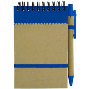 A recycled jotter pad in brown with a blue elastic band and a matching blue pen attached. It features a wire spiral binding.