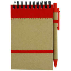 A recycled jotter pad in brown with a red spiral binding and red pen attached, featuring a matching elastic band.