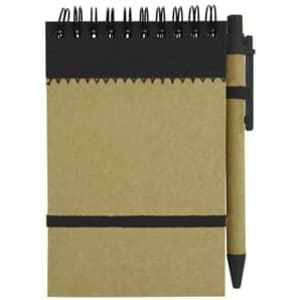 A recycled jotter pad in brown with a black spiral binding and a matching black pen attached.