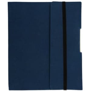 A dark blue journal book with a soft cover and an elastic closure band. Features a pocket on the side and a logo.
