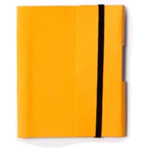 A small yellow tuck journal book with a black elastic band. It features a smooth cover and a side pocket.