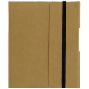 A small, brown tuck journal book with a black elastic band for closure. It features a simple, minimalist design.