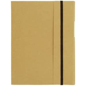 A tan A5 journal book with a black elastic band closure and a simple design, featuring a logo on the front.