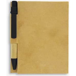 A brown recycled notebook with a black pen attached, featuring a simple, minimalist design.