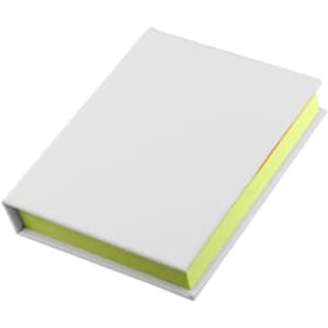 A white adhesive note book with a bright yellow sticky note section at the bottom. It features a logo on the cover.