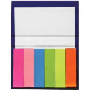 A sticky note marker strip book featuring colourful sticky notes in pink, orange, blue, green, and purple. It has a cover with a logo.