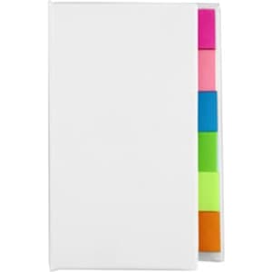 A marker strip book featuring a white cover and vibrant sticky note tabs in pink, green, blue, and orange.