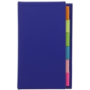 A purple adhesive note marker strip book featuring multicoloured sticky tabs in pink, green, blue, and orange.