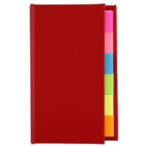 A red book containing assorted sticky note markers in bright pink, yellow, and green colours.