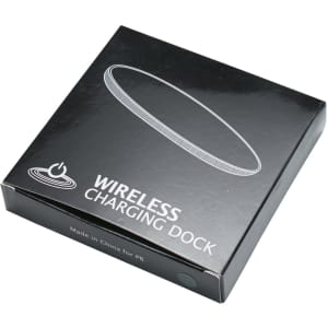 A black packaging box for a wireless charging dock, featuring a simple design and a logo.
