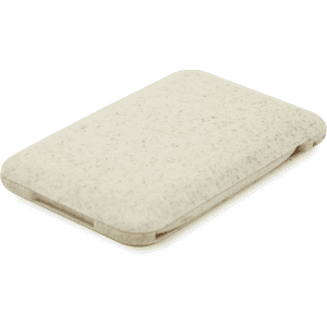 A cream-coloured phone charging cable set and stand with a textured finish. It features a subtle speckled design.