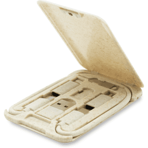 A cream-coloured charging cable set in a compact, eco-friendly case, featuring connectors for various devices.