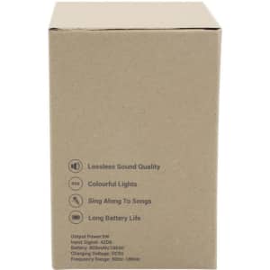 A brown box containing the Caroline Portable Karaoke Machine, featuring icons for sound quality, lights, and battery life.