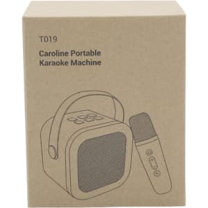 A box for a Caroline Portable Karaoke Machine featuring a square speaker design and a microphone, in a brown cardboard finish.