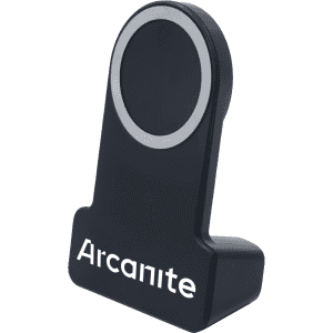 A wireless charger in black with a circular charging pad and a logo on the base.