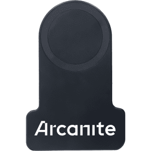 A black wireless charger with a circular charging pad and a branding logo on the base.