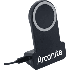 A black wireless charger with a circular charging pad and a branded base.