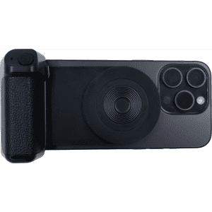 A wireless phone charger in black, featuring a textured grip and circular charging pad. Includes a branding logo.