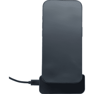 A black wireless charger with a phone positioned on top, connected by a cable at the base.