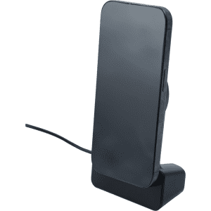 A sleek black wireless charger with a stand, holding a smartphone in an upright position.