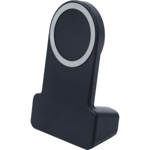 A wireless charger in black with a circular charging pad and a standing design. Features a logo on the surface.