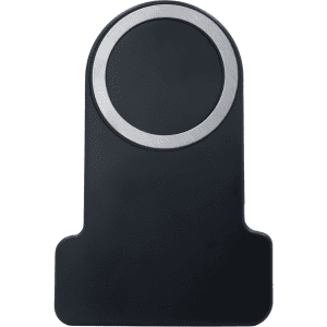 A black wireless charger with a metallic circular charging area and a sleek, minimalist design.
