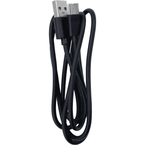 A black charging cable with USB connectors at both ends, neatly coiled for easy storage.