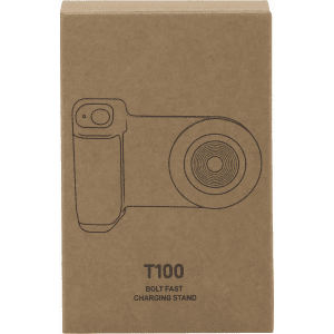 A brown cardboard box containing a wireless charger, featuring a simple line drawing of the product on the front.