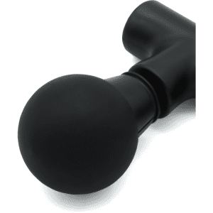 A black mini massage gun with a rounded attachment, featuring a sleek design and a logo.