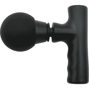 A black mini massage gun with a spherical attachment and an ergonomic handle.