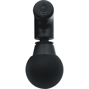 A black mini massage gun with a round attachment, featuring a charging port on the top.