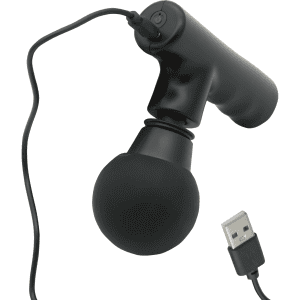 A black mini massage gun with a rounded attachment and a USB cable. It features a sleek, ergonomic design.