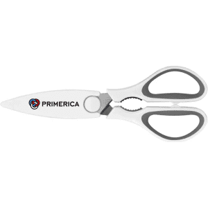 Kitchen scissors in white with grey handles, featuring a logo. Designed with a magnetic holder for easy storage.