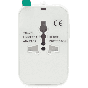 A white travel universal adaptor with multiple socket openings and a green tab. It features a surge protector.
