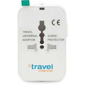 A white universal travel adapter with multiple plug openings and a surge protector feature. It has a logo on the front.
