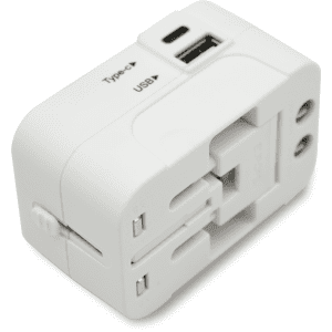 A white universal travel adapter with USB ports and retractable prongs, featuring a compact design.