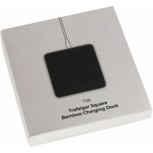 A square bamboo charging dock in a sleek black design, packaged in a white box with a minimalist style.