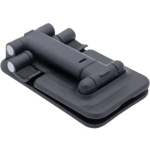 A black folding desktop mobile phone and tablet stand with a compact design and branding on it.