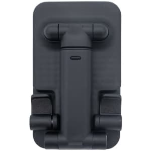 A black folding desktop mobile phone and tablet stand with adjustable hinges. It features a compact design.