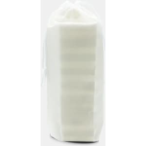A white pouch containing a stacking puzzle set. The pouch is tied at the top with a drawstring.