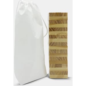 A stacking puzzle set in natural wood tones, accompanied by a white pouch for storage.
