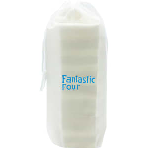 A white pouch containing a stacking puzzle set, featuring a logo. The pouch has a drawstring closure.