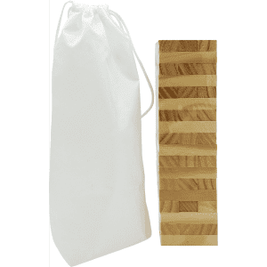 A stacking puzzle set in natural wood tones, accompanied by a white pouch for storage.