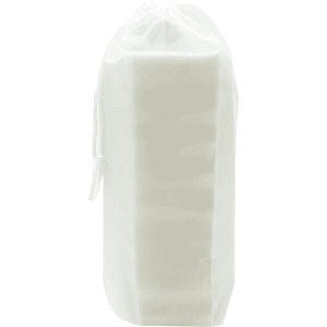 A white pouch containing a stacking puzzle set. The pouch is cinched at the top with a drawstring.