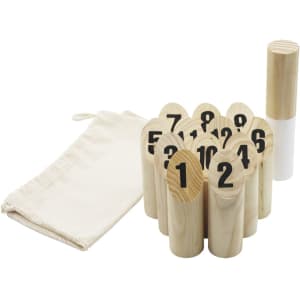 A wooden skittle set with numbered pins, packaged with a drawstring bag. The pins are natural wood with black numbers.