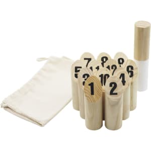 A set of wooden skittles numbered 1 to 10, with a wooden throwing pin and a drawstring bag.