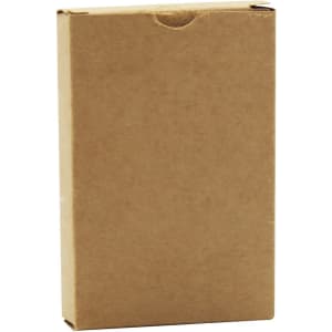A brown cardboard box containing eco-friendly playing cards, featuring a simple design and a logo.